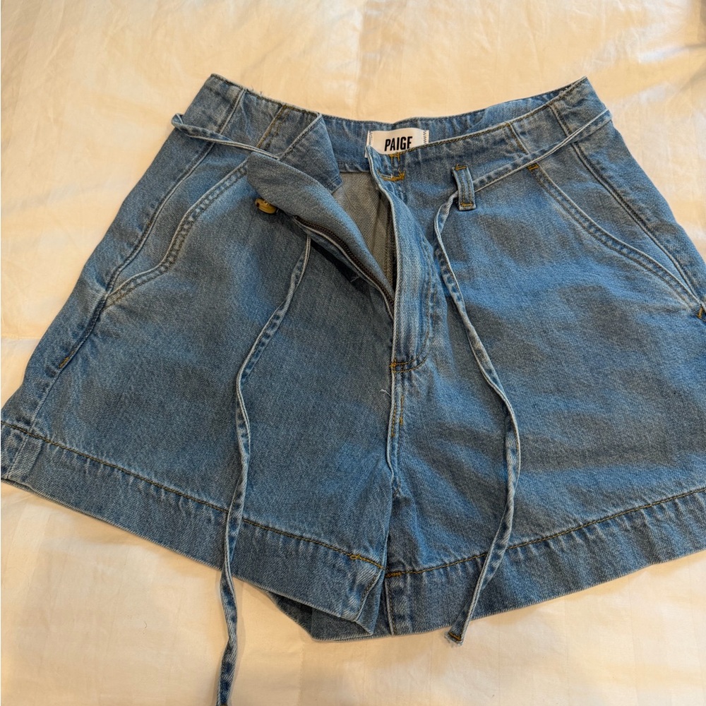 PAIGE Medium Blue Denim Tie-Waist High-Rise Women's Shorts